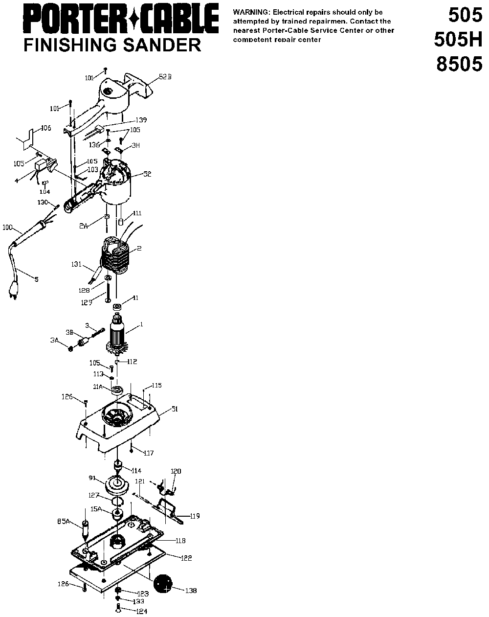 Page A Diagram and Parts List for 505-BDK Type 1 Porter Cable Sander